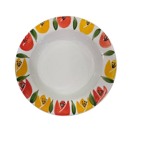 Pier One Tulips Floral Soup Bowl  Rimmed Handpainted Yellow Made In Italy 9" - Picture 1 of 7